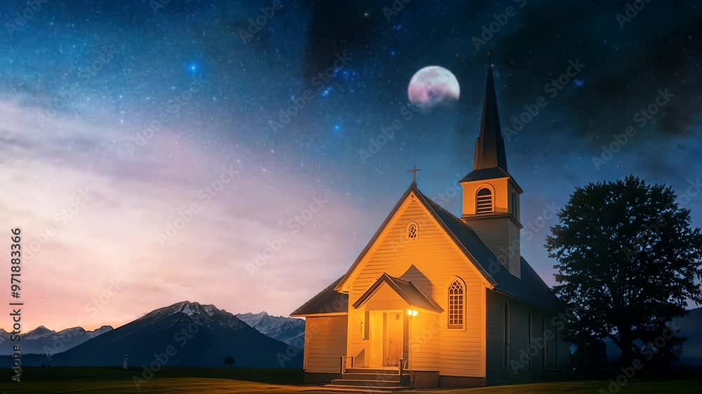 A picturesque rural church stands illuminated against a twilight sky, with a full moon visible in the upper right corner, set amidst trees and mountains, creating a serene and mystical atmosphere A picturesque rural church stands illuminated against a twilight sky, with a full moon visible in the upper right corner, set amidst trees and mountains, creating a serene and mystical atmosphere