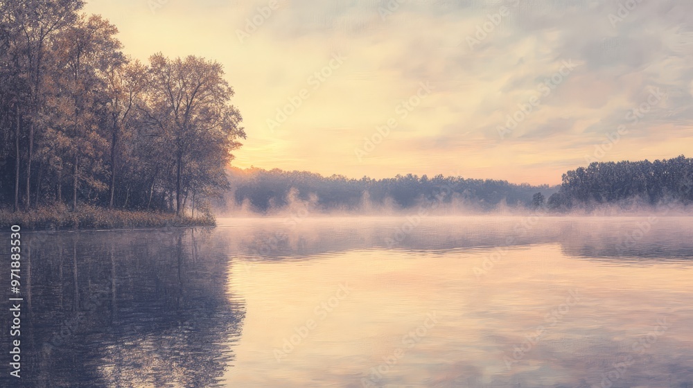 A serene lakeside scene at sunrise, with the water reflecting the soft pastel hues of the sky and a mist gently rising from the surface. A serene lakeside scene at sunrise, with the water reflecting the soft pastel hues of the sky and a mist gently rising from the surface.