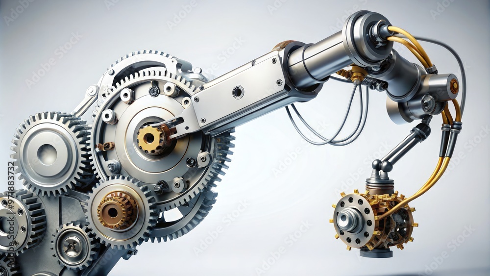 Detailed 3D rendering of a futuristic robotic arm with gears, wires, and mechanical components exposed, set against a clean white background, showcasing intricate design. Detailed 3D rendering of a futuristic robotic arm with gears, wires, and mechanical components exposed, set against a clean white background, showcasing intricate design.