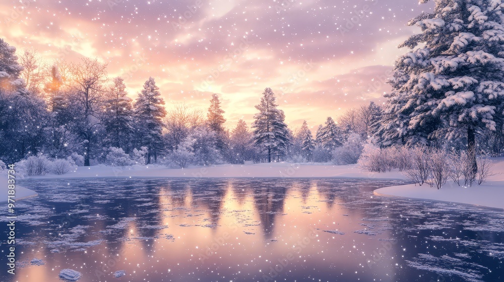 A serene winter landscape with snow-covered trees and a frozen lake, with a soft pink and purple twilight sky reflecting off the icy surface.