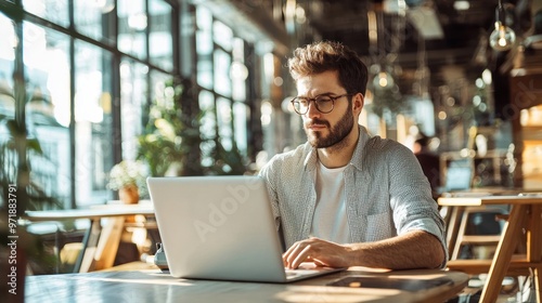 Employee working on a laptop in an open office, focusing on project deadlines.