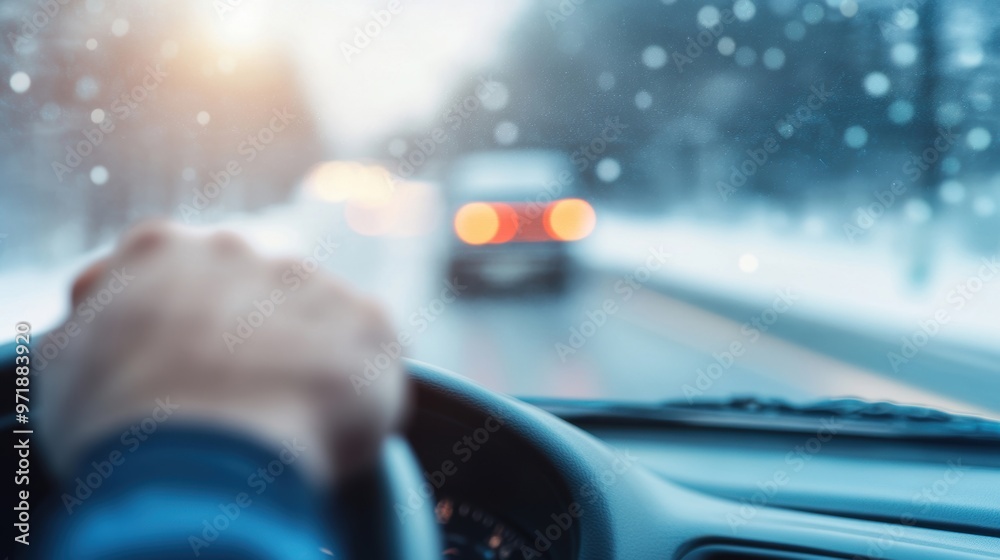 A truck driver firmly holds the steering wheel while managing difficult driving conditions amidst falling snow