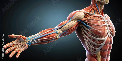 Detailed illustration of human arm anatomy showcasing brachioradialis muscle, its tendons, and surrounding bones in a 3D modeled, scientifically accurate, and visually stunning representation.