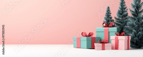 Festive scene with beautifully wrapped gifts and evergreen trees against a soft pink background, creating a joyful holiday atmosphere.