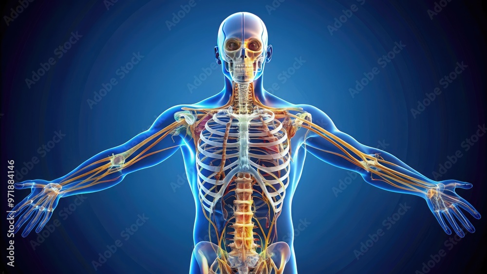 Detailed illustration of the human skeletal system, showcasing the intricate network of bones, joints, and ligaments that form the underlying structure of the body. Detailed illustration of the human skeletal system, showcasing the intricate network of bones, joints, and ligaments that form the underlying structure of the body.