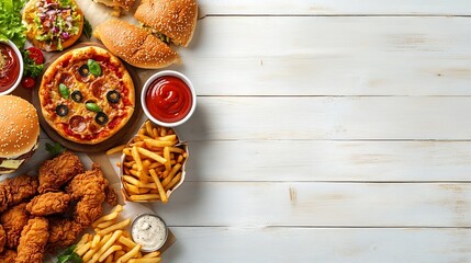 Selection of take out and fast foods Corner border banner Pizza hamburgers fried chicken and sides  Top down view on a white wood background with copy space : Generative AI