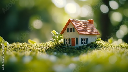 miniature toy house in grass close up spring natural background ymbol of family mortgage construction rental property concept Eco Friendly home spring season template for design copy s : Generative AI photo