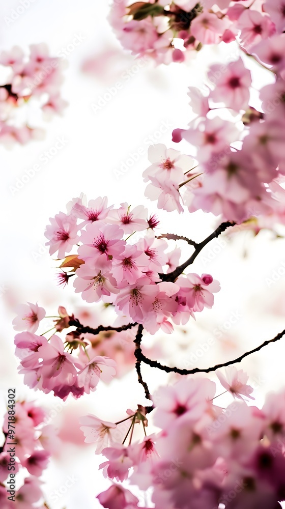 Fototapeta premium Cherry blossom branches with fully bloomed flowers, celebrating the beauty of springtime and nature.