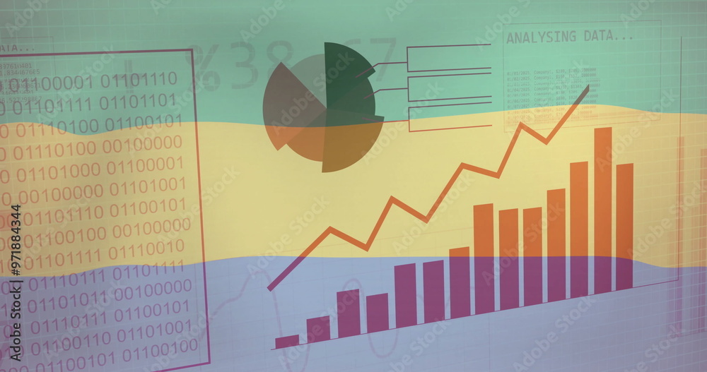 Obraz premium Binary code and data charts image over Gabon flag background