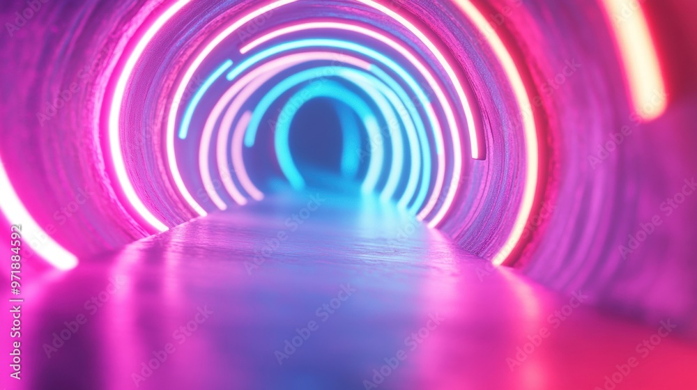 A stunning spiral tunnel is filled with bright neon lights casting blue and pink reflections, creating an enchanting atmosphere A stunning spiral tunnel is filled with bright neon lights casting blue and pink reflections, creating an enchanting atmosphere