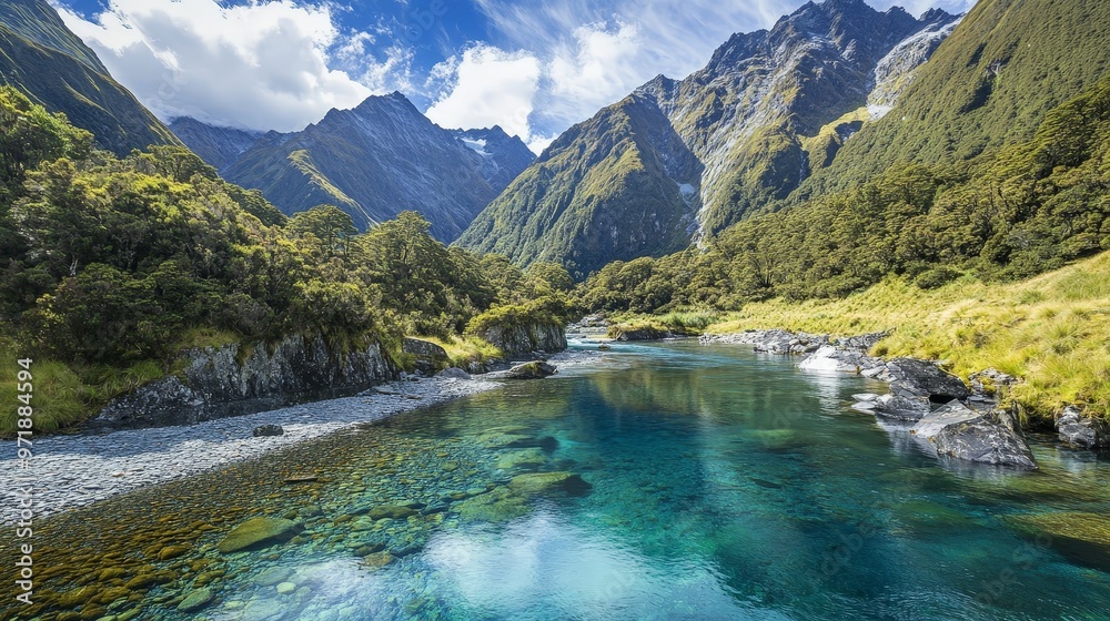 A stunning view of a remote mountain valley with a crystal-clear river running through it, surrounded by rugged peaks and lush vegetation. A stunning view of a remote mountain valley with a crystal-clear river running through it, surrounded by rugged peaks and lush vegetation.