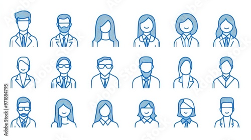 Clean Minimalist Line Art Icon Set of Avatar Business People in Blue on White Background for Profile Pictures or Social Media Use