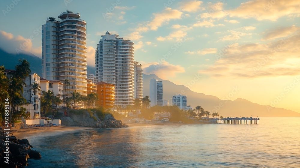 Fototapeta premium Luxury condominiums and apartments on Playa De Los Muertos beach and pier close to the famous Puerto Vallarta Malecon the city largest public beach : Generative AI