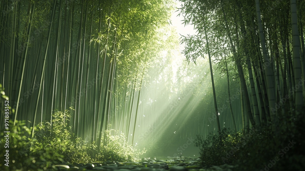 Fototapeta premium A tranquil bamboo forest with sunlight streaming through the tall, slender stalks and a gentle breeze rustling the leaves, creating a calming and serene scene