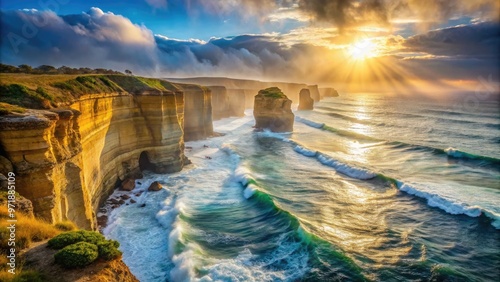 Dramatic sunlight illuminates rugged, weathered chalk cliffs towering above a serene blue ocean, with sea spray misting the air in a picturesque coastal landscape.