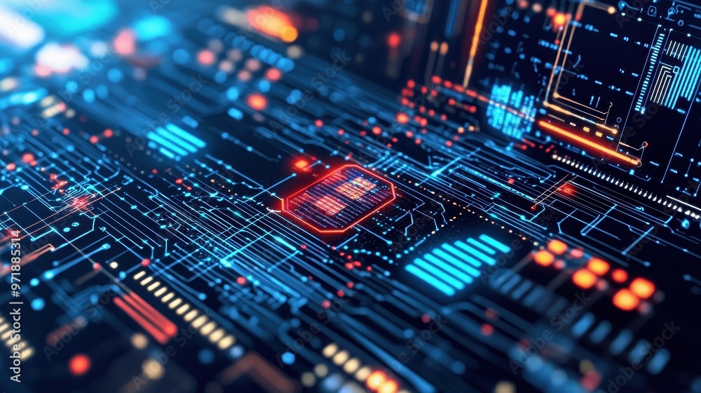 Abstract Digital Circuit Board with Glowing Lines and Data Abstract Digital Circuit Board with Glowing Lines and Data