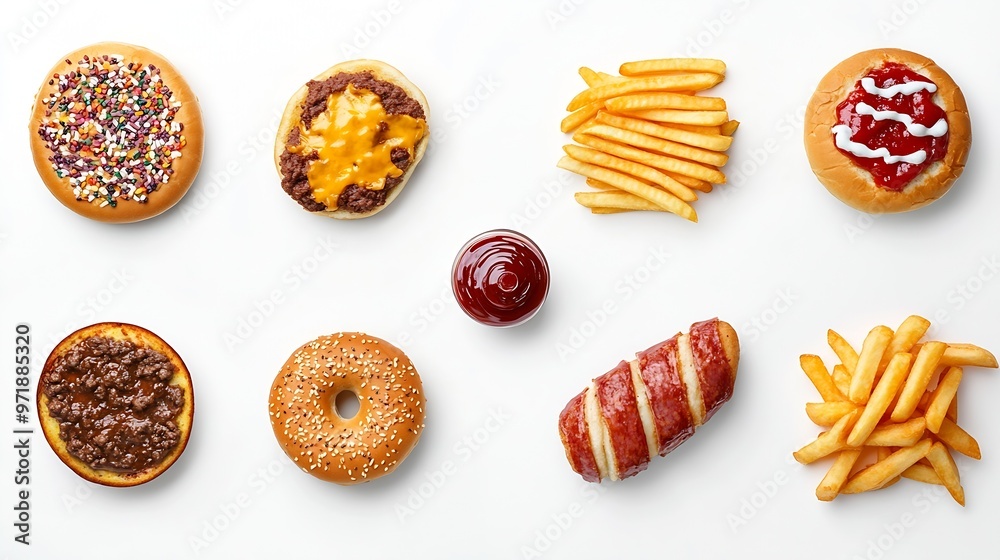 Fast food isolated on white background top view closeup of junk foods included clipping path selective focus and copy space : Generative AI Fast food isolated on white background top view closeup of junk foods included clipping path selective focus and copy space : Generative AI