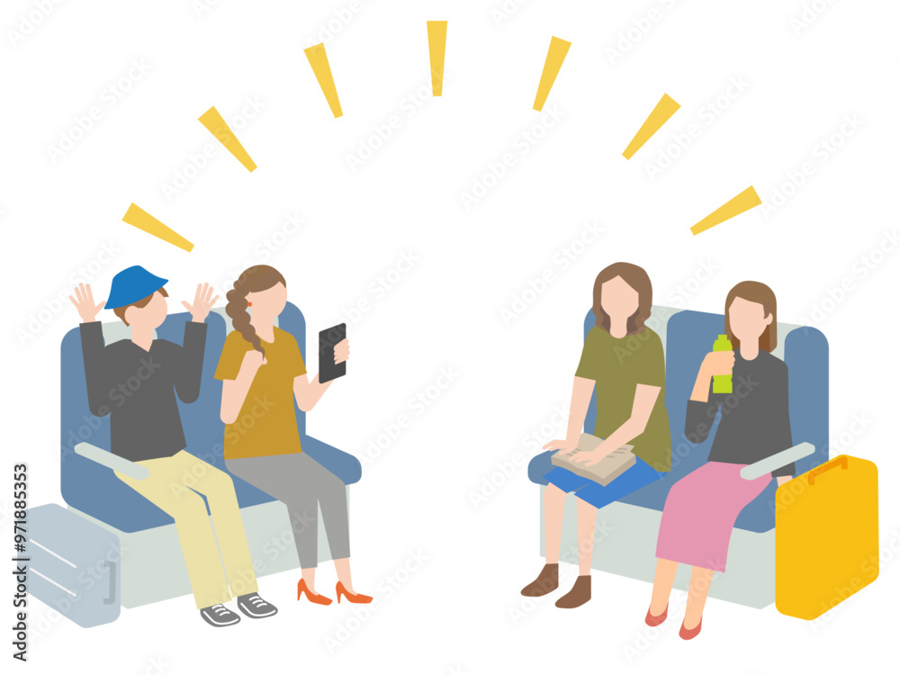 Fototapeta premium 電車での旅行を楽しむ女性のグループのイラスト