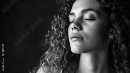 Serene portrait of a woman with curly hair in black and white generative ai