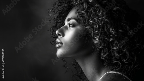 Serene portrait of a woman with curly hair in black and white generative ai