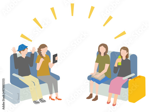 電車での旅行を楽しむ女性のグループのイラスト