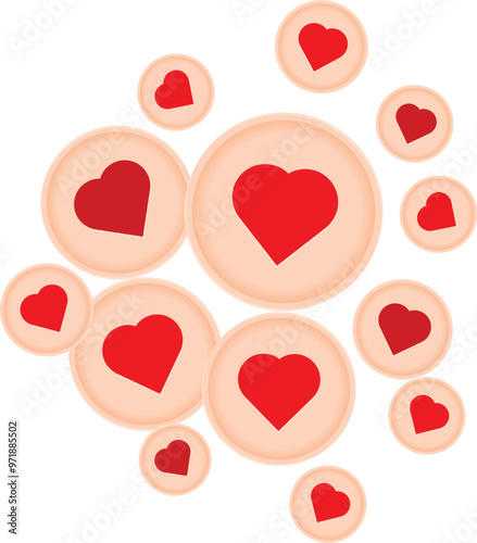 Red hearts floating on peach circles creating romantic background design