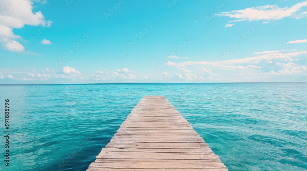 Obraz premium The wooden pier stretches into calm turquoise waters, inviting relaxation while the sun shines brightly overhead