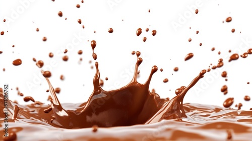 Chocolate splash with dramatic arcs and droplets, set against a plain white background. photo