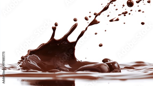 Chocolate splash with dramatic arcs and droplets, set against a plain white background. photo