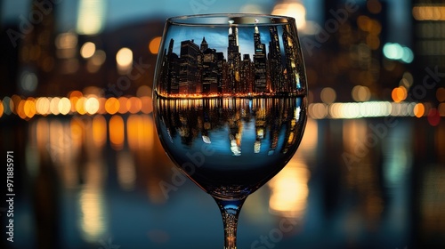 Urban Elegance: Manhattan Skyline Reflected in Othello Wine Glass