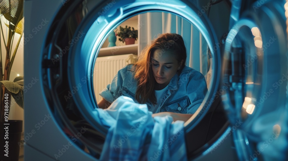 beautiful woman taking clothes out of the dryer beautiful woman taking clothes out of the dryer