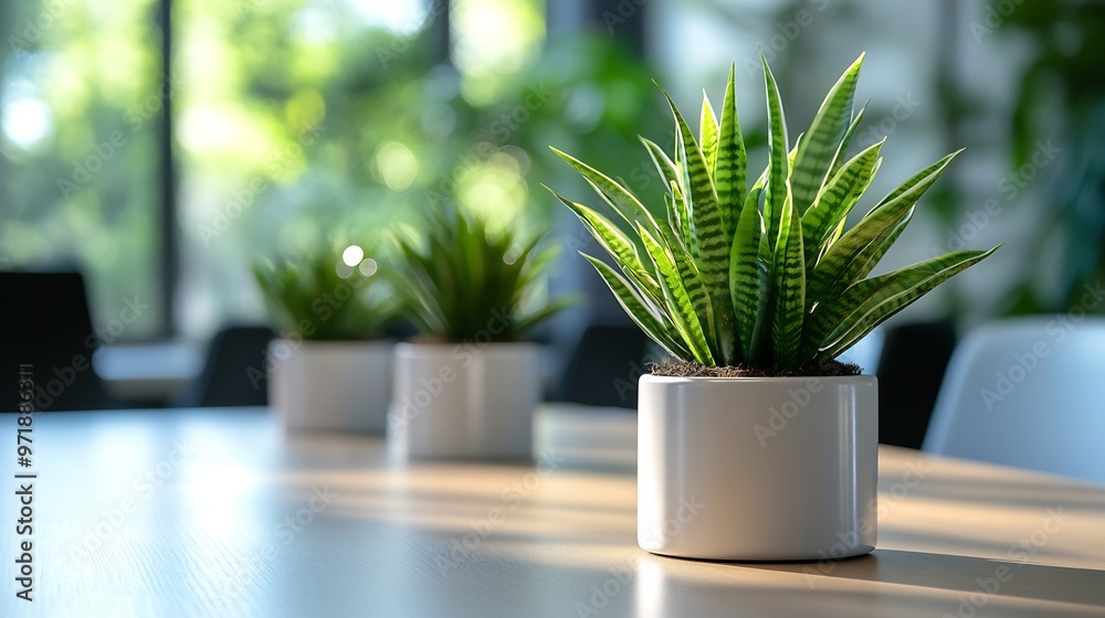 interior photo of modern empty conference room with office table and green live plants in pots : Generative AI interior photo of modern empty conference room with office table and green live plants in pots : Generative AI