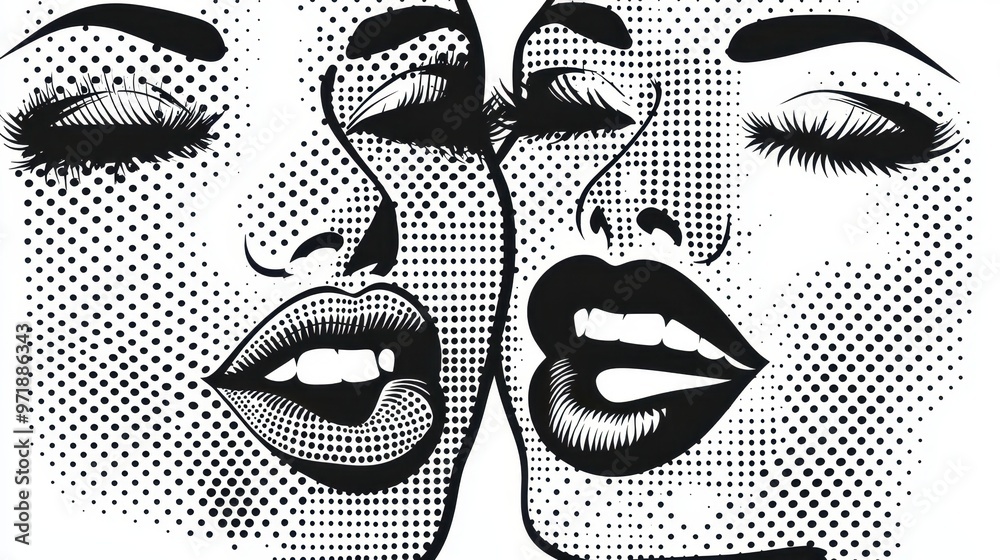 Pop Art Female Faces Black and White Halftone Pattern Pop Art Female Faces Black and White Halftone Pattern