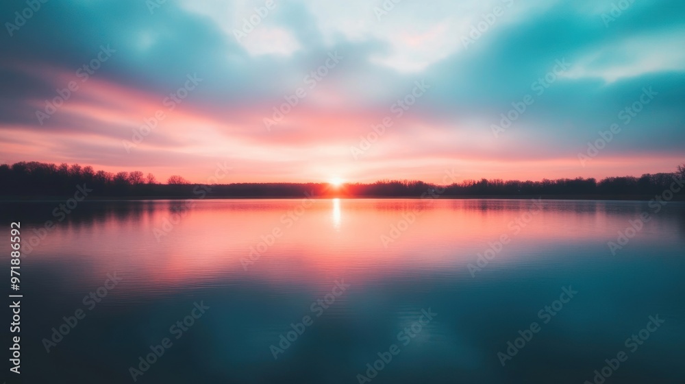 Fototapeta premium As the sun sets, the sky transforms with shades of pink and blue, mirrored perfectly in the calm waters of the lake