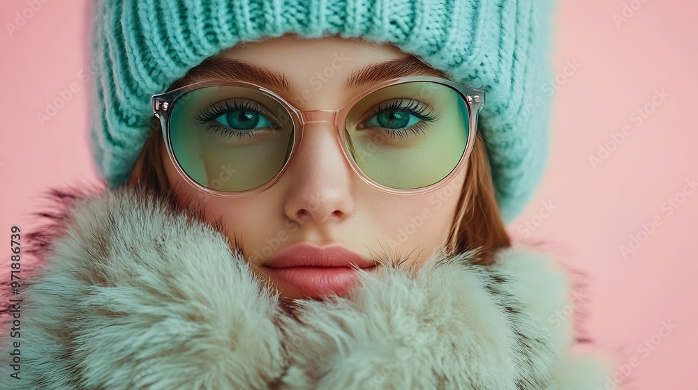 Portrait of stylish young girl in sunglasses blue hat green scarf and fur coat posing over pink background Concept of youth beauty winter fashion lifestyle emotions facial expression A : Generative AI Portrait of stylish young girl in sunglasses blue hat green scarf and fur coat posing over pink background Concept of youth beauty winter fashion lifestyle emotions facial expression A : Generative AI