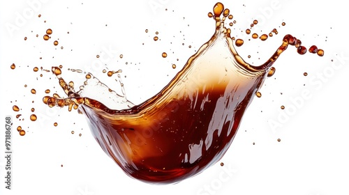 Energetic soy sauce splash with visible droplets, isolated against a plain white backdrop.