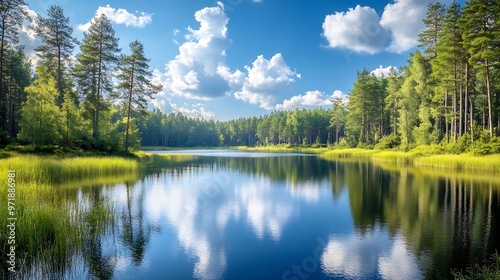 Summer landscape in forest with beautiful lake Amazing lake landscape Colorful nature scenery created by beautiful seasons lake in the forest European nature landscape : Generative AI