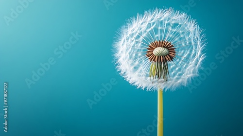 Beautiful dandelion flower seed in springtime blue background : Generative AI