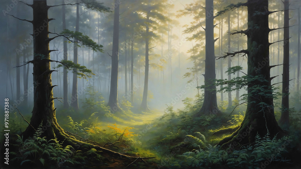 Mist rising from forest in early morning in oil painting with ethereal ...