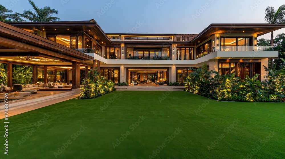 Obraz premium Modern Luxury Villa with Tropical Garden and Evening Lighting