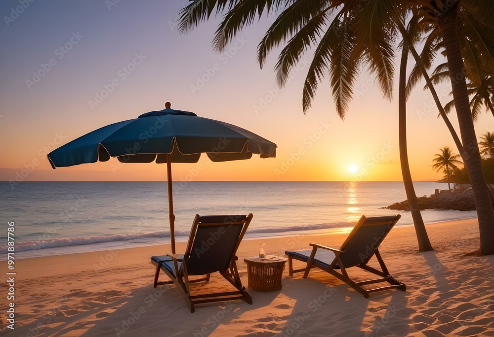 A tropical beach at sunset with palm trees A tropical beach at sunset with palm trees