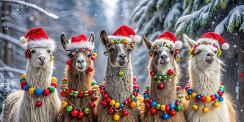 Festively decorated llamas, adorned with Santa hats and garlands, stand amidst a winter wonderland backdrop of snow-covered trees and sparkling ornaments. photo