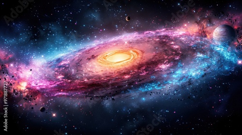 Colorful Spiral Galaxy with Stars and Planets in Space