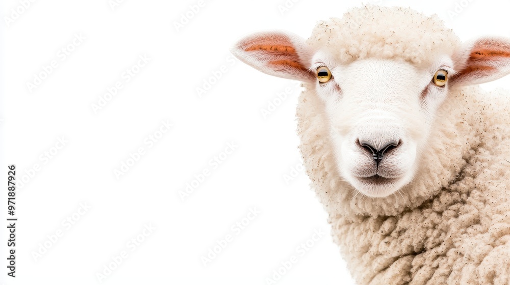 Close Up of a Sheep s Face with Yellow Eyes and Fluffy White Wool Close Up of a Sheep s Face with Yellow Eyes and Fluffy White Wool