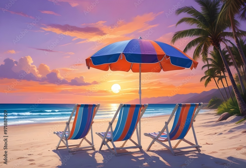 A tropical beach at sunset with palm trees A tropical beach at sunset with palm trees