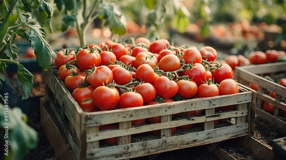 A crate full of freshpicked tomatoes in the garden people in the background : Generative AI
