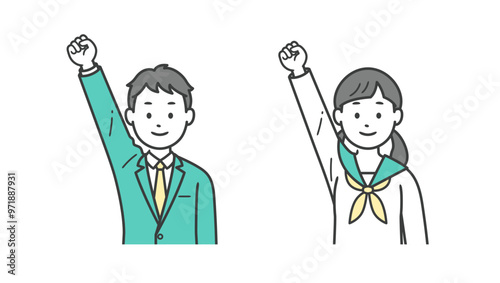 ガッツポーズをする男女の学生の上半身イラスト
