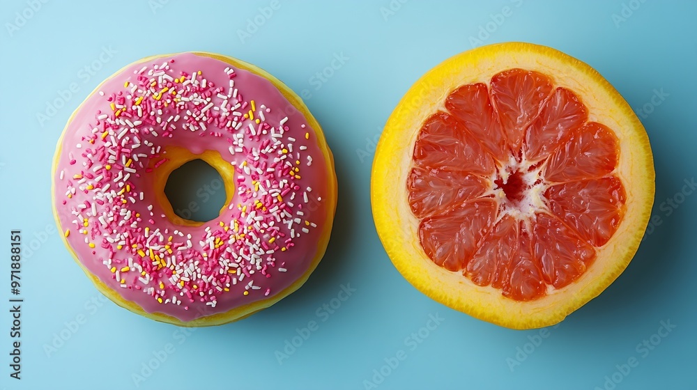 Healthy and unhealthy food Flat layer Two color background Pink donuts on yellow juicy grapefruit on pastel blue cut into half : Generative AI Healthy and unhealthy food Flat layer Two color background Pink donuts on yellow juicy grapefruit on pastel blue cut into half : Generative AI