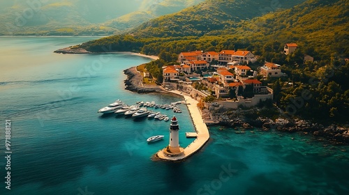 Aerial view of Lustica Bay a new luxury resort along the coast of the Adriatic Sea in Montenegro  Exclusive marina for private yachts with a jetty ended by a lighthouse in the Mediterr : Generative AI photo