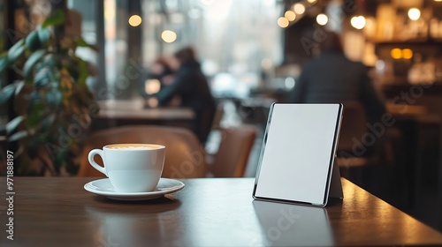 businessman using mobile tablet with hot coffee cup on desk sitting with paper sign on seat and keep distance to protect infection coronavirus covid19 in cafe restaurant social distanc : Generative AI photo